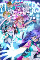  6+girls aqua_eyes blonde_hair blue_hair blush brown_eyes brown_hair cane commentary_request dress elbow_gloves enko_momoda gloves glowing grin hanyuuda_mito hat hat_tip horns horse_tail jumping kotobuki_qruit long_hair looking_at_viewer mask misonoo_mana multicolored_hair multiple_girls nanasaki_nicole oerba_yun_fang one_eye_closed open_mouth pink_hair purple_hair short_hair shorts single_horn smile tail thighhighs tokyo_7th_sisters top_hat two-tone_hair wakaouji_rui whip yusa_memoru 