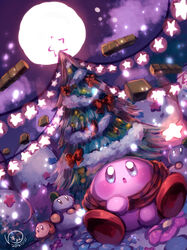  2016 bad_id bad_pixiv_id bow chilly_(kirby) christmas_tree dutch_angle galactic_nova kirby kirby_(series) night night_sky open_mouth red_bow sitting sky waddle_dee yukkyon_kyon 