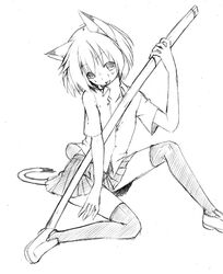  animal_ears cat_ears cat_tail commentary_request copyright_request female flat_chest greyscale looking_at_viewer majima_yuki monochrome short_hair simple_background skirt smile solo tail white_background 