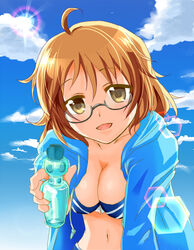  ahoge araki_hina blue_sky blush breasts brown_eyes brown_hair chii_(sbshop) cleavage cloud commentary_request day drink female giving glasses highres holding hood hoodie idolmaster idolmaster_cinderella_girls incoming_drink looking_at_viewer ramune sky smile solo swimsuit 