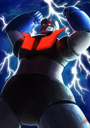  absurdres clenched_hands commentary_request glowing highres jeetdoh lightning mazinger_(series) mazinger_z mazinger_z_(mecha) mecha outstretched_arms photoshop_(medium) pilder realistic robot science_fiction signature super_robot 