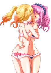  2girls aikatsu!_(series) aikatsu_stars! ass bad_id bad_pixiv_id bikini blonde_hair blush butt_crack closed_eyes commentary_request drill_hair flat_ass frills hair_ornament hairband hug kissing multiple_girls nijino_yume ono_toshihiro open_mouth pink_hair sakuraba_rola short_hair sidelocks simple_background smile swimsuit twintails white_background yuri 