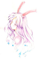  animal_ears closed_eyes commentary_request female majima_yuki purple_hair rabbit_ears reisen_udongein_inaba simple_background smile solo touhou traditional_media white_background 