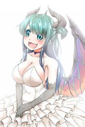  :d akahito_(kemoyuru) bare_shoulders breasts chione_(monster_musume) choker cleavage collarbone commentary_request cowboy_shot dress eyebrows eyes_visible_through_hair female gargoyle green_eyes green_hair highres horns jewelry large_breasts long_hair monster_girl monster_musume_no_iru_nichijou monster_musume_no_iru_nichijou_online oerba_yun_fang open_mouth ring simple_background smile solo wedding_dress wedding_ring white_background wings 