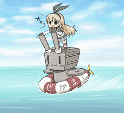  :3 bad_id bad_pixiv_id black_eyes blonde_hair chibi elbow_gloves female gloves hair_ribbon innertube kantai_collection long_hair machinery meme open_mouth propeller rensouhou-chan ribbon shimakaze_(kancolle) solo striped_clothes striped_thighhighs swim_ring thighhighs translated turret waterskiing_(meme) yuasan 