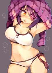  armpits arms_up bad_id bad_pixiv_id bikini blush breasts checkered_necktie cleavage contrapposto covered_nipples cowboy_shot eyepatch female gakushiki kantai_collection large_breasts looking_at_viewer navel necktie official_alternate_costume purple_hair short_hair simple_background solo standing sweater swimsuit taut_bikini taut_clothes tenryuu_(kancolle) tenryuu_(swimsuit_mode)_(kancolle) undressing white_bikini yellow_eyes 