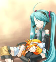  2girls aqua_hair bad_id bad_pixiv_id ear_cleaning eko hatsune_miku kagamine_rin kagamine_rin_(if) lap_pillow long_hair mimikaki multiple_girls number_tattoo shoulder_tattoo tattoo thighhighs twintails very_long_hair vocaloid 