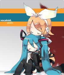  2girls aqua_hair artist_request chibi hatsune_miku hug kagamine_rin kagamine_rin_(if) long_hair multiple_girls thighhighs twintails very_long_hair vocaloid 