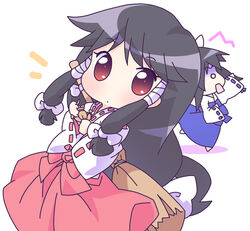  2girls ayane_(nagasarete_airantou) black_hair blue_hakama broom chibi doll hakama hakama_skirt japanese_clothes long_hair long_sleeves looking_at_viewer low-tied_long_hair machi_(nagasarete_airantou) mirai_(sugar) multiple_girls nagasarete_airantou no_nose no_pupils o_o red_eyes red_hakama ribbon-trimmed_sleeves ribbon_trim simple_background skirt straw_doll very_long_hair white_background wide_sleeves 