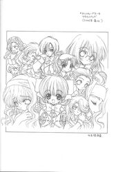  6+girls araigi_yumi bandana everyone glasses greyscale gunparade_march hairband hara_motoko headband higashihara_nonomi ishizu_moe katou_matsuri kosugi_youko mibuya_mio monochrome mori_seika multiple_girls one_eye_closed ponytail ramiya_ryou shibamura_mai sketch tanabe_maki tashiro_kaori wrench 