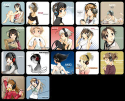  6+girls ;d ahoge akg akg_k-series_headphones androgynous ashidavox audio-technica back bag bare_shoulders barefoot black_hair blonde_hair blunt_bangs blush breast_press breasts brown_eyes brown_hair buttons cable camisole can cd cd_case chips_(food) closed_eyes cloud clover coat column_lineup crop_top earbuds earphones earphones_removed eating elega etymotic_research floating_hair folded_ponytail food frilled_panties frills glasses gloves gradient_background grado_labs grey_hair halftone halftone_background halterneck hand_on_own_hip hands_on_headphones head_rest headphone_+_musume headphones headphones_around_neck high_ponytail highres holding hugging_own_legs koss leg_up long_hair long_sleeves lying magazine_(object) medium_breasts microphone midriff mouth_hold multiple_girls necktie on_stomach one_eye_closed ootsuka_mahiro open_magazine open_mouth original outline outstretched_arms panties photoshop_(medium) pillow pink_panties pointing ponytail pop_filter potato_chips product_placement profile reading record record_jacket red_eyes renaissance_(band) ribbon sansui scarf see-through sennheiser shadow shirt short_hair short_ponytail short_shorts short_sleeves shorts simple_background sitting sky smile sony spot_color spread_arms stax striped studio_microphone sweater t-shirt tears topless turtleneck ultrasone underwear underwear_only upper_body vertical_stripes white_hair 