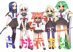  5girls animal_ears blue_hair cat_ears green_hair multiple_girls original pantyhose school_uniform sword thighhighs unaji weapon 