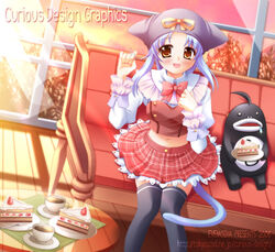  animal_ears blue_hair cake cat_ears copyright_request evemoina female food pastry photoshop_(medium) plaid plaid_skirt skirt solo tail thighhighs yellow_eyes 