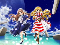  2girls american_flag boots cloud copyright_request day doll dress flag_dress flag_print high_heels highres kusunoki_masashige multiple_girls ocean outdoors print_dress shoes sky 