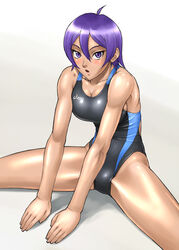  bang-you competition_swimsuit female highleg highleg_swimsuit kenkou_zenrakei_suieibu_umishou one-piece_swimsuit orizuka_momoko purple_eyes purple_hair shiny_skin short_hair simple_background single_vertical_stripe solo spread_legs swimsuit toned 