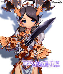  ahoge armor asymmetrical_bangs black_hair blue_eyes breastplate breasts couter cowboy_shot credits faulds female fighting_stance foreground_text fur_trim gauntlets hair_ornament hairclip headgear holding holding_sword holding_weapon itou_ben looking_at_viewer original pauldrons pelvic_curtain rerebrace rondel shadow short_hair shoulder_armor simple_background small_breasts smile solo sword tiara vambraces warrior weapon web_address white_background 