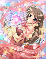  blue_eyes brown_hair copyright_request detached_sleeves evemoina female happy_valentine plaid plaid_skirt ribbon skirt solo valentine 