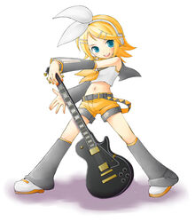  blonde_hair blue_eyes chitose_kiiro crop_top detached_sleeves female full_body guitar hair_ribbon instrument kagamine_rin photoshop_(medium) ribbon sailor_collar shirt short_hair short_shorts shorts sleeves_past_wrists solo vocaloid white_background white_shirt yellow_shorts 