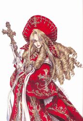  blonde_hair caterina_sforza cross cross_fleury dress drill_hair female glasses gloves goth_fashion hat highres latin_cross lipstick long_hair makeup official_art robe scan scepter shibamoto_thores signature simple_background solo standing trinity_blood very_long_hair 