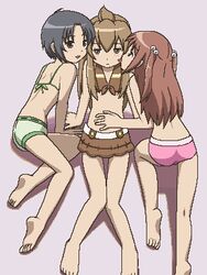  3girls ahoge awa bad_link barefoot bikini blush feet flat_chest hair_bobbles hair_ornament jaggy_lines licking long_hair lowres minami-ke minami_chiaki multiple_girls oekaki short_hair swimsuit tankini tongue two_side_up uchida_yuka yoshino_(minami-ke) 