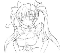  bad_id blush breasts choker cleavage commentary_request covered_nipples daikuuji_ayu female greyscale huge_breasts kimi_ga_nozomu_eien long_hair looking_at_viewer maid miyata_gakuman monochrome ribbon solo twintails waitress 