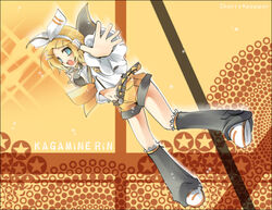  :d adapted_costume animal_print arm_warmers belt blonde_hair blouse blue_eyes bow buckle female frills full_body hair_ornament hairbow hairclip headphones kagamine_rin kagamine_rin_(if) leg_warmers microphone navel open_mouth outstretched_arms photoshop_(medium) rabbit_print ribbon sailor_collar shirt short_hair shorts sleeveless smile solo spread_arms spread_fingers star_(symbol) stomach swept_bangs vocaloid white_bow white_shirt yellow_ribbon yellow_shorts yellow_theme yukian zipper 