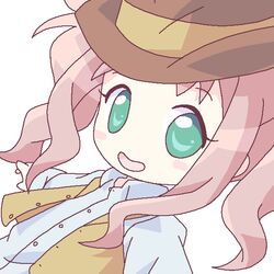  :d brown_hat buttons chibi close-up collared_shirt el_cazador_de_la_bruja female green_eyes hat lirio long_sleeves looking_at_viewer mirai_(sugar) open_mouth pink_hair shirt sidelocks smile solo vest white_shirt 