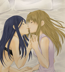  2girls bed blonde_hair blue_hair bra closed_eyes couple from_side fujino_shizuru highres holding_hands interlocked_fingers kissing kuga_natsuki lingerie lying mico3 multiple_girls my-hime underwear yuri 