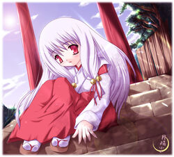  arima_yuzu bell blush female hair_bell hair_ornament hakama hakama_skirt japanese_clothes lolicon miko nimura_yuuji red_hakama sitting sitting_on_stairs skirt solo stairs torii tsuki_kagerou 