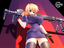  anti-materiel_rifle blonde_hair blue_eyes breasts female from_below gloves gun gunner-l harkonnen_(gun) hellsing impossible_clothes impossible_shirt large_breasts miniskirt rifle seras_victoria shirt skirt smile sniper_rifle solo thighhighs uniform weapon zettai_ryouiki 