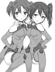  2girls alternate_costume arm_around_waist bare_shoulders blush breasts elbow_gloves gloves greyscale hair_between_eyes hair_ribbon halterneck hand_on_own_hip hug knees_together_feet_apart leotard light_smile looking_at_viewer mikogami_haruko mikogami_ranko monochrome motion_slit multiple_girls parted_bangs pilot_suit ribbon shichimenchou short_hair short_twintails siblings side_ponytail simple_background sisters sitting sky_girls small_breasts thighhighs turtleneck twins twintails 