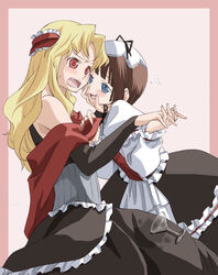  2girls :d bare_shoulders black_dress blonde_hair blue_eyes blunt_bangs blush border brown_hair corset cowboy_shot coyote_ragtime_show cup dress drinking_glass drunk frilled_dress frilled_hairband frills furrowed_brow hairband hand_on_another&#039;s_face hat holding_hands interlocked_fingers january_(coyote_ragtime_show) leaning_forward long_hair long_sleeves multiple_girls off-shoulder_dress off_shoulder open_mouth pink_background pink_border red_eyes sep shawl short_hair simple_background smile stained_clothes sweat takano_natsuki teardrop white_hat wine_glass yuri 