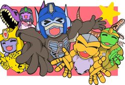  &gt;_&lt; :3 :d ^_^ animification autobot beast_wars beast_wars:_transformers border cheetah cheetor closed_eyes decepticon dinobot_(beast_wars) dinosaur fangs foreshortening gorilla hands happy helmet kamizono_(spookyhouse) lucky_star maximal megatron motteke!_serafuku no_humans oekaki open_mouth optimus_primal outstretched_arms parody pink_background predacon rattrap rhinox school_uniform serafuku simple_background smile spread_arms star_(symbol) teeth transformers upper_body x3 