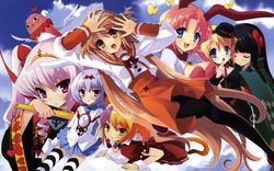  6+girls absurdres alice_parade animal_ears blush crown dress emudori hat heart highres ito_noizi lavinia_(alice_parade) luna_(alice_parade) miori_(alice_parade) multiple_girls neko-san_(alice_parade) odoodo_funny rabbit_ears ribbon silk_(alice_parade) thighhighs yaname_(alice_parade) 