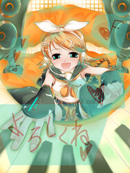  blonde_hair blue_eyes bow detached_sleeves female heart instrument kagamine_rin kagamine_rin_(if) morihama_karute photoshop_(medium) piano sailor_collar short_hair solo speaker vocaloid 