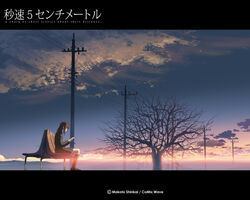  bench byousoku_5_centimeter female letterboxed outdoors power_lines shinkai_makoto shinohara_akari sitting solo sunset tree utility_pole 