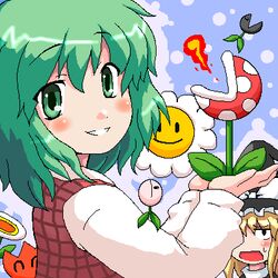  2girls ^_^ blonde_hair closed_eyes fire_flower flower green_eyes green_hair hat kazami_yuuka kirisame_marisa looking_at_viewer lowres mario_(series) multiple_girls muncher myonde nipper_plant oekaki parody piranha_plant plaid plaid_vest smile super_mario_bros._1 super_marisa_world sweatdrop touhou vest witch_hat 