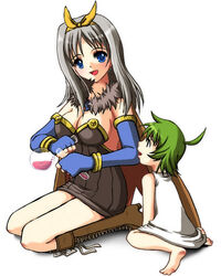  2girls alchemist_(ragnarok_online) boots breasts cape cleavage green_hair grey_hair large_breasts lif_(ragnarok_online) lowres multiple_girls ragnarok_online taniguchi_mai 