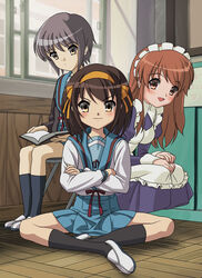  3girls asahina_mikuru black_hair blue_sailor_collar blue_skirt blush book brown_eyes brown_hair cardigan crossed_arms hairband kita_high_school_uniform kneehighs long_hair long_sleeves maid multiple_girls nagato_yuki official_alternate_costume official_style orange_hairband purple_hair sailor_collar school_uniform serafuku short_hair sitting skirt smile socks squatting sugaishi suzumiya_haruhi suzumiya_haruhi_no_yuuutsu window winter_uniform yellow_eyes 