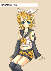  blonde_hair blue_eyes crop_top detached_sleeves female hair_ornament hair_ribbon hairclip kagamine_rin kagamine_rin_(if) midriff ribbon shirt short_hair short_shorts shorts sleeves_past_wrists solo thighhighs uzuki_takeru vocaloid white_shirt yellow_shorts 