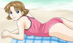  aqua_eyes arm_support artist_request ass beach beach_towel blue_eyes breasts brown_hair casual_one-piece_swimsuit cowboy_shot day female flipped_hair from_side gundam gundam_seed light_smile looking_at_viewer looking_back lying miriallia_haw ocean on_stomach one-piece_swimsuit outdoors own_hands_together parted_bangs pink_one-piece_swimsuit plaid short_hair small_breasts smile solo swimsuit towel water 