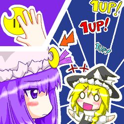  +++ 1up 2girls arrow_(symbol) blonde_hair braid crescent crescent_hat_ornament hat hat_ornament kirisame_marisa lowres mario_(series) multiple_girls myonde o_o oekaki parody patchouli_knowledge single_braid super_mario_bros._1 super_marisa_world touhou witch_hat |_| 