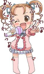  ;d artist_request baby brown_eyes brown_hair dress female hinamori_ami holding lolicon looking_at_viewer lowres microphone music no_nose oekaki one_eye_closed open_mouth shugo_chara! simple_background singing smile solo source_request thighhighs translation_request twintails white_background 