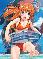  1boy alternate_breast_size angry bare_shoulders barefoot beach bikini blue_eyes breasts cleavage day eva_02 evangelion_(mecha) feet female headgear ikari_shinji innertube interface_headset large_breasts long_hair mecha neon_genesis_evangelion open_mouth orange_hair outdoors plugsuit robot science_fiction souryuu_asuka_langley splashing sugaishi swim_ring swimsuit toe-point toes underboob water 