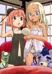  2girls applying_makeup blonde_hair blue_eyes bra bra_on_head chemise cosmetics cucumber eggplant flat_chest glasses green_eyes kappa lingerie lipstick lipstick_tube lowleg lowleg_panties makeup mirror multiple_girls object_on_head orange_hair original panties pink_hair rouge_(makeup) striped_clothes striped_panties stuffed_animal stuffed_toy unaji underwear window 