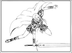  armor artist_request cape claymore_(series) faulds female greaves greyscale holding holding_sword holding_weapon irene_(claymore) long_hair monochrome pauldrons photoshop_(medium) pointy_ears shoulder_armor solo sword vambraces weapon 