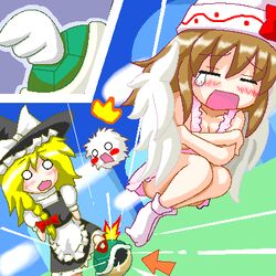  2girls blonde_hair blush breasts brown_hair cleavage covering_breasts covering_privates crying hat kedama_(touhou) kirisame_marisa koopa_troopa lily_white lowres mario_(series) multiple_girls myonde oekaki parody super_mario_bros._1 super_marisa_world touhou witch_hat 