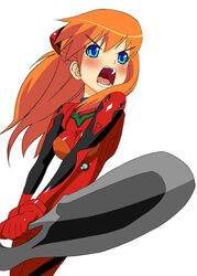  angry attack blue_eyes blush bodysuit bracer breasts colored_eyelashes cowboy_shot double-blade female from_side gloves headgear heavy_spear_(evangelion) holding holding_sword holding_weapon legs_together long_hair looking_away neon_genesis_evangelion open_mouth orange_hair pilot_suit plugsuit red_bodysuit shouting simple_background skin_tight skinny small_breasts solo souryuu_asuka_langley standing sugaishi sword teeth the_end_of_evangelion tongue uvula v-shaped_eyebrows v_arms weapon white_background 