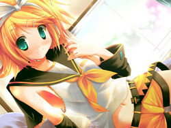  aqua_eyes belt blonde_hair detached_sleeves female hair_ribbon indoors kagamine_rin kagamine_rin_(if) looking_at_viewer microphone navel ribbon sailor_collar shirt short_hair shorts smile solo utsurogi_angu vocaloid white_ribbon white_shirt yellow_shorts 