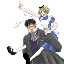  1boy alice_(alice_in_wonderland) alice_(alice_in_wonderland)_(cosplay) alice_in_wonderland alice_l._malvin animal_ears apron artist_request blonde_hair blue_eyes bob_cut carrying coat cosplay crossover dress female hairband pantyhose piggyback pointing pumpkin_scissors rabbit_ears randal_orlando short_hair white_legwear white_rabbit_(alice_in_wonderland) 